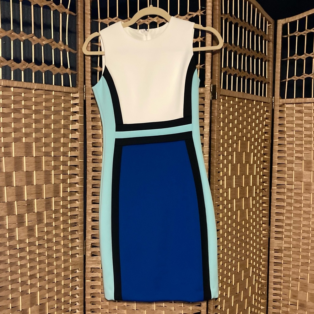Calvin Klein size 2P sheath dress office church attire blue white